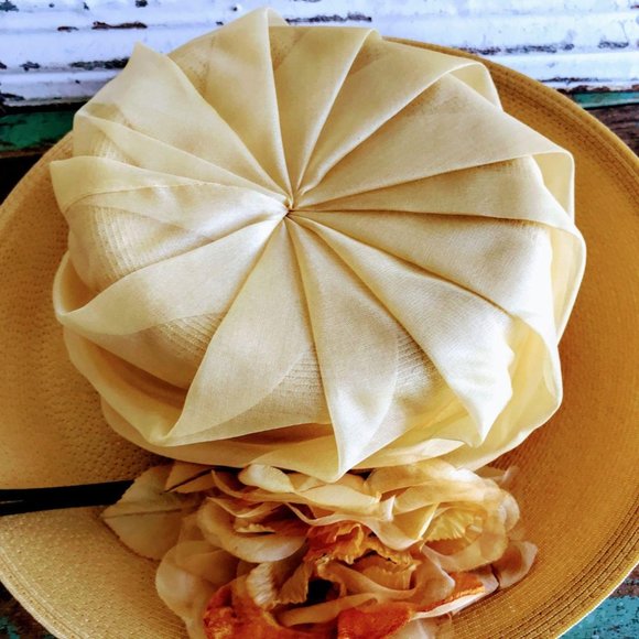 Vintage Mustard Big Flower Wide Brim Straw Hat main image 6